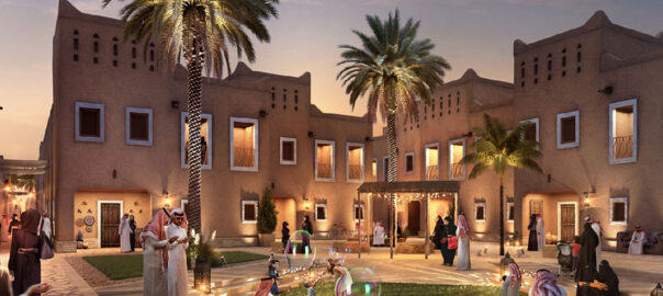 A concept photo of Diriyah Gate Offices & Kindergarten showing people socialising outside and children playing.