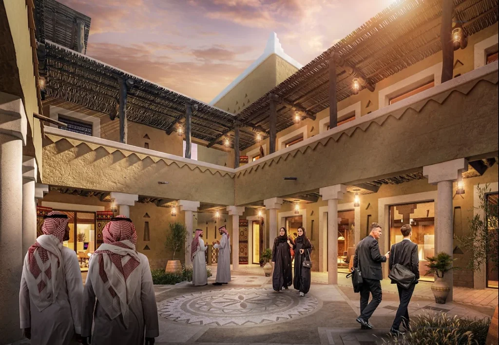 Diriyah Square Offices & Kindergarten concept art showing a mixture of local and foreign visitors commuting between offices in a central square. connecting different parts of a two-story building.