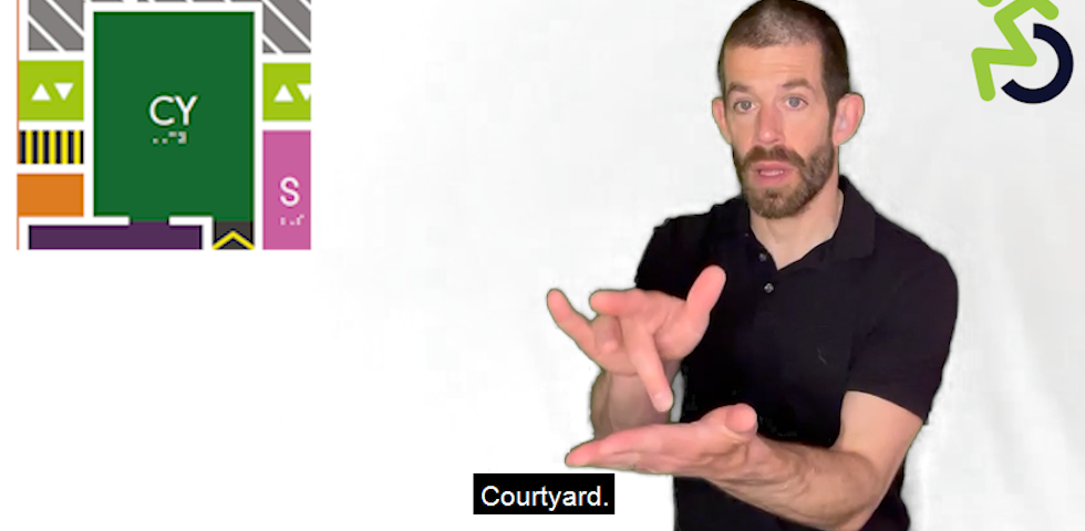 A male sign language interpreter demonstrating sign language for Courtyard in a Direct Access sign language video