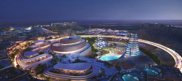 A concept photo showing an aerial view of the proposed design of Qiddiya City, showing large entertainment complexes such as theme parks, swimming pools, and event arenas.