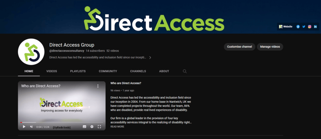 A screenshot of the homepage of the Direct Access YouTube channel.