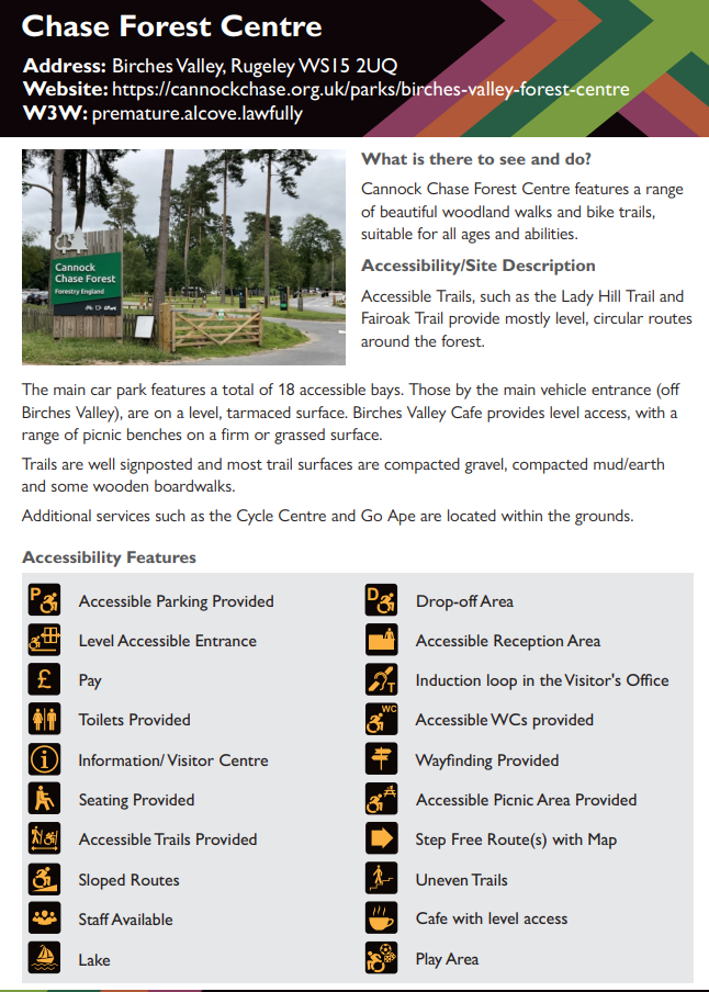 An example of an Accessibility Guide developed for Cannock Chase featuring images of the site, information about what to see and do, an accessibility/site description, and symbols representing different accessibility features including level access, sloped routes, information/visitor centres, induction loop provision, and more.