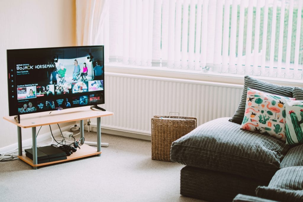Living room with Netflix playing on TV