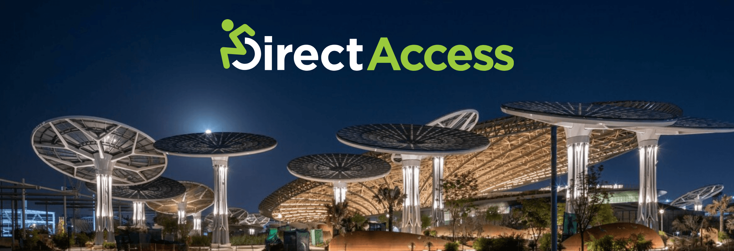 Direct Access YouTube Channel Banner featuring Direct Access logo in the foreground of an Expo 2020 Dubai pavilion at night time