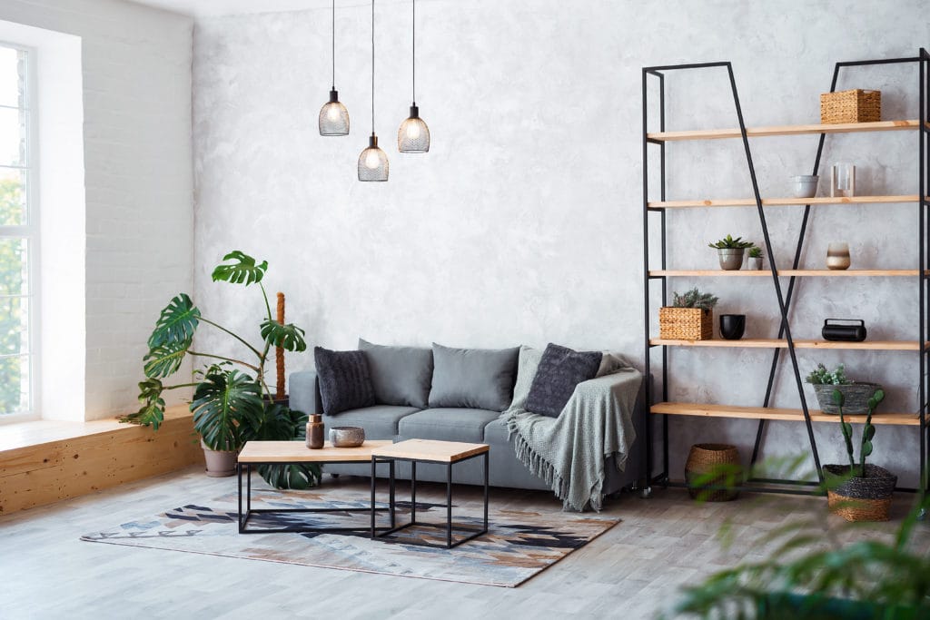 Interior of quiet room with comfortable sofa and potted plants.