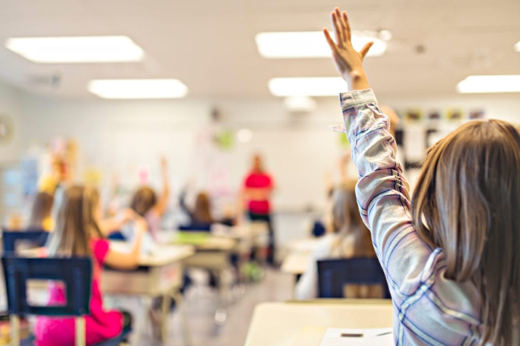A little student girl studying at school has her arm up in a packed primary school classroom.