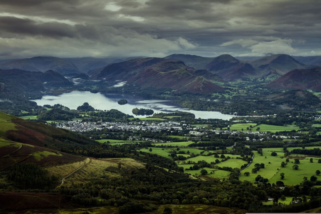 A panoramic view of Keswick Cumbria on a cloudy day.