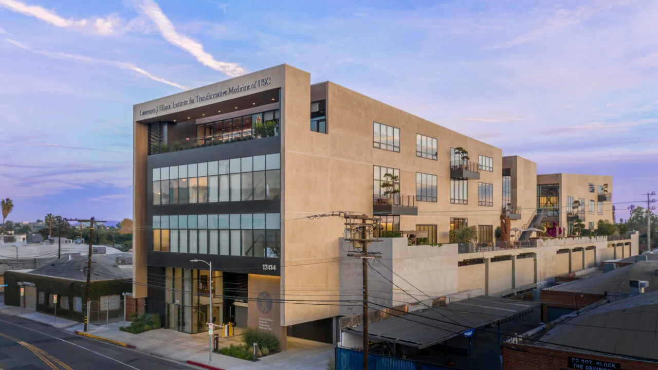 A drone shot of the proposed build of one part of the Ellison Institute for Transformative Medicine; a modern cuboid shaped building.