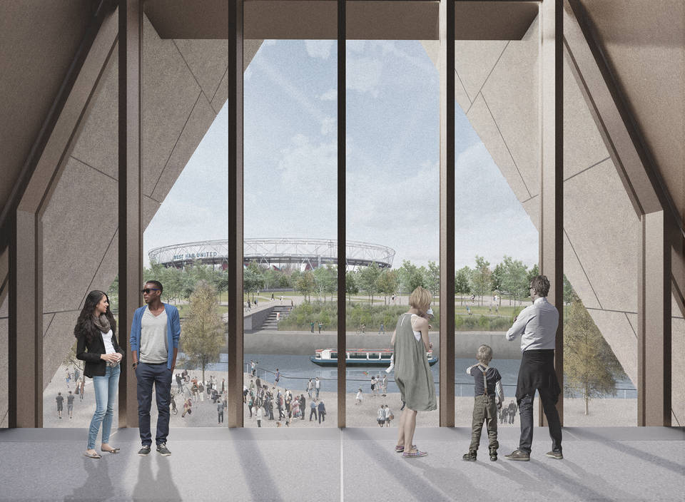 A concept photograph of the second floor of the V and A east building. A couple talk in front of a large floor to ceiling window as a family gaze outside to look at a boat pass by on a canal below. West Ham United stadium is seen in the background.