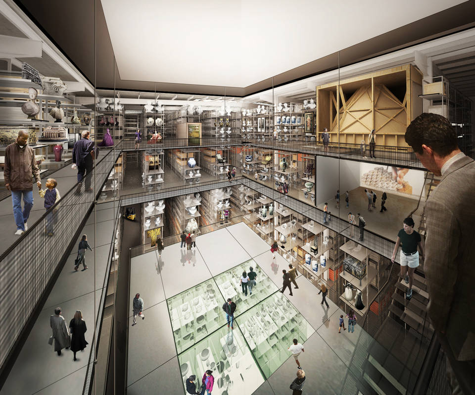 A proof of concept photo of the internal research centre at V and A East- A three floor section with pathways around the sides that lead to various open plan rooms with museum artefacts and exhibits. People explore and examine the artwork on display on all three floors.