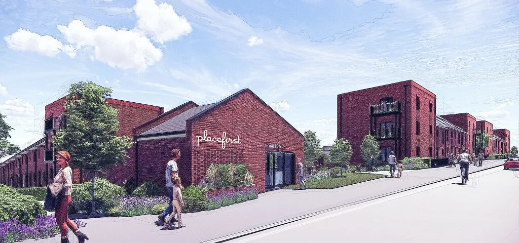 A proof of concept drawing of the new Benwell Deane community housing project in Newcastle showing a newly paved street and families walking along a streetpath. A proof of concept drawing of the new Benwell Deane community housing project in Newcastle showing a newly paved street and families walking along a streetpath.