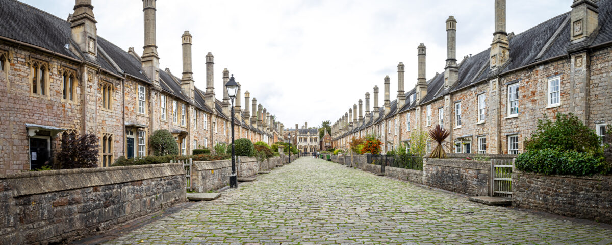 A photograph of Vicars Close in Wells, Somerset - a beautiful cobblestoned street with old historic houses lined up to the left and right sides. Beautiful gardens with variously coloured trees and plans are in front of each house.