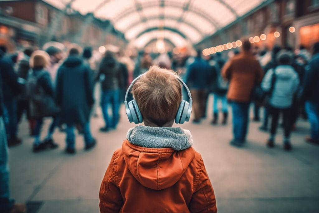 A boy on the autism spectrum wearing noise cancelling headphones from the back in a big crowd at an indoor shopping centre.