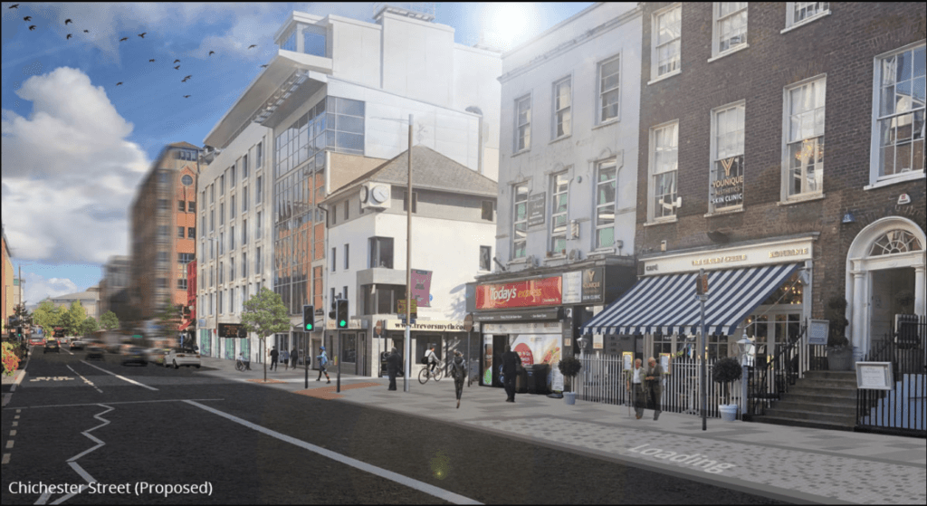 A proof of concept photograph of the proposed new design of Chichester Street in Belfast showing a bustling street front with new modern buildings.