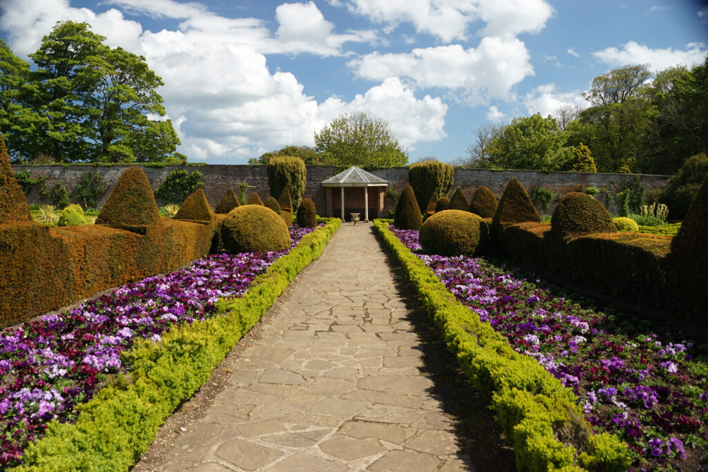 A photograph of an exterior pathway at the Sewerby Halls & Gardens on a sunny afternoon, to either side a mixture of white, pink, and purple flowers are scattered from one end to the next, with larger plans and trees further back on each side. At the furthest end of the path, there is a sheltered garden gazebo with two trees adjacent to the left and right.