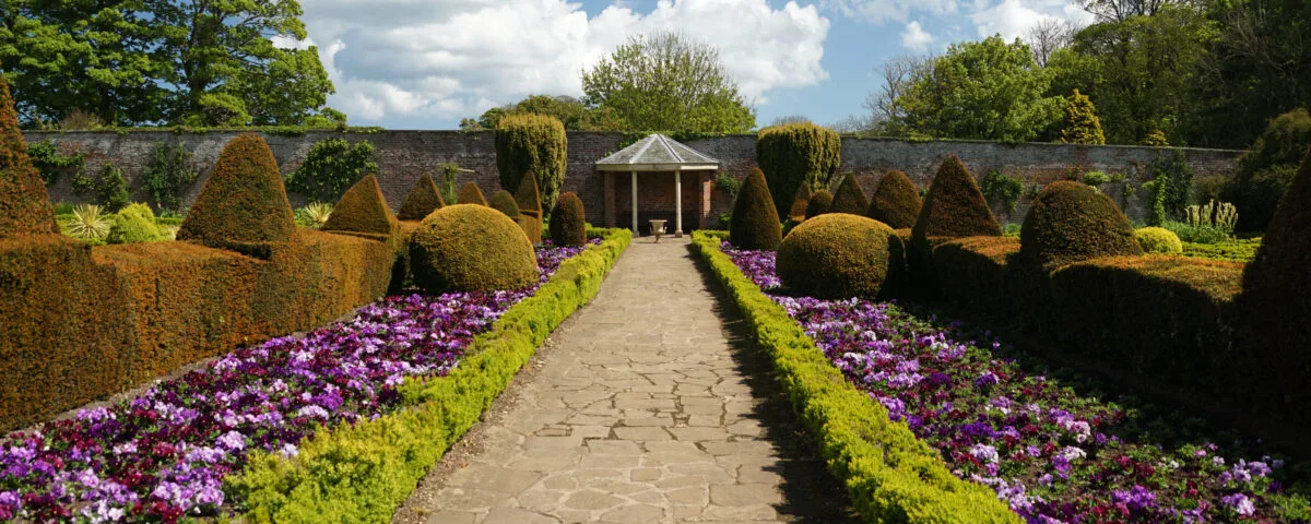 Walled,Garden-sewerby,Hall,,Yorkshire A photograph of an exterior pathway at the Sewerby Halls & Gardens on a sunny afternoon, to either side a mixture of white, pink, and purple flowers are scattered from one end to the next, with larger plans and trees further back on each side. At the furthest end of the path, there is a sheltered garden gazebo with two trees adjacent to the left and right.
