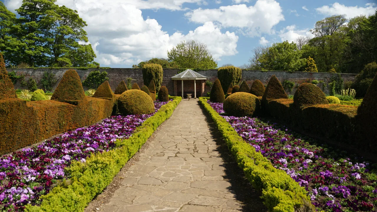 A photograph of an exterior pathway at the Sewerby Halls & Gardens on a sunny afternoon, to either side a mixture of white, pink, and purple flowers are scattered from one end to the next, with larger plans and trees further back on each side. At the furthest end of the path, there is a sheltered garden gazebo with two trees adjacent to the left and right.