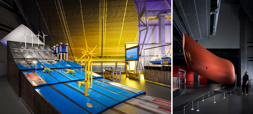 A side by side image of two exhibits at the Energy Revolution Gallery at the Science Museum representing renewable energy projects on Orkney and tidal turbine blades.