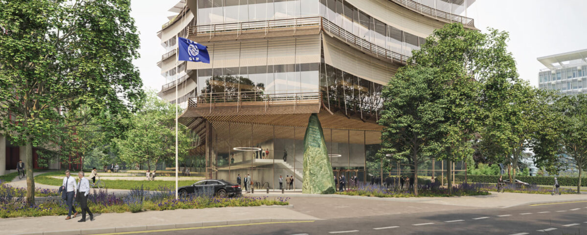 A render of the upcoming United Nations International Center for Migration, a building with large glass windows that is generally see-through. On the street front is a black car, a flagpole with a blue UN glad and people dressed in suits walking along the pavement.
