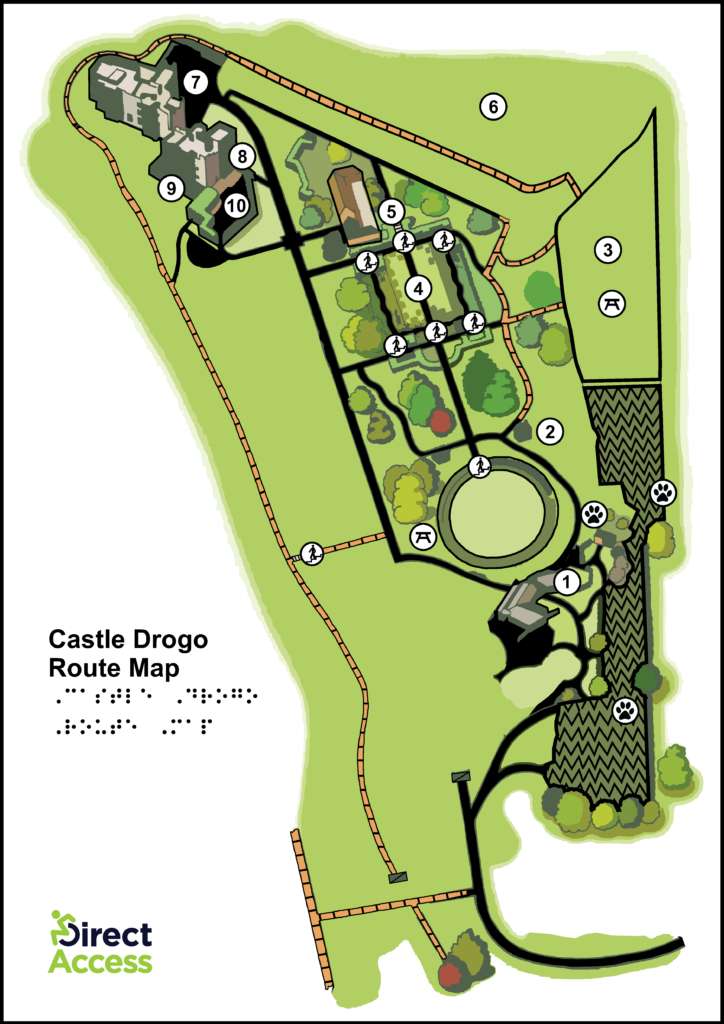 A tactile map of the grounds at Castle Drogo in Devon, England.