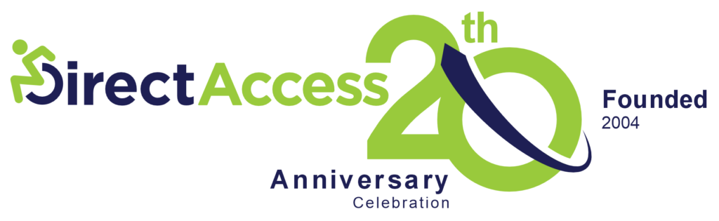 A graphic made in celebration of Direct Access' 20th anniversary which reads 'Direct Access 20th Anniversary Celebration. Founded 2004" coloured in lime green and black against a white background.