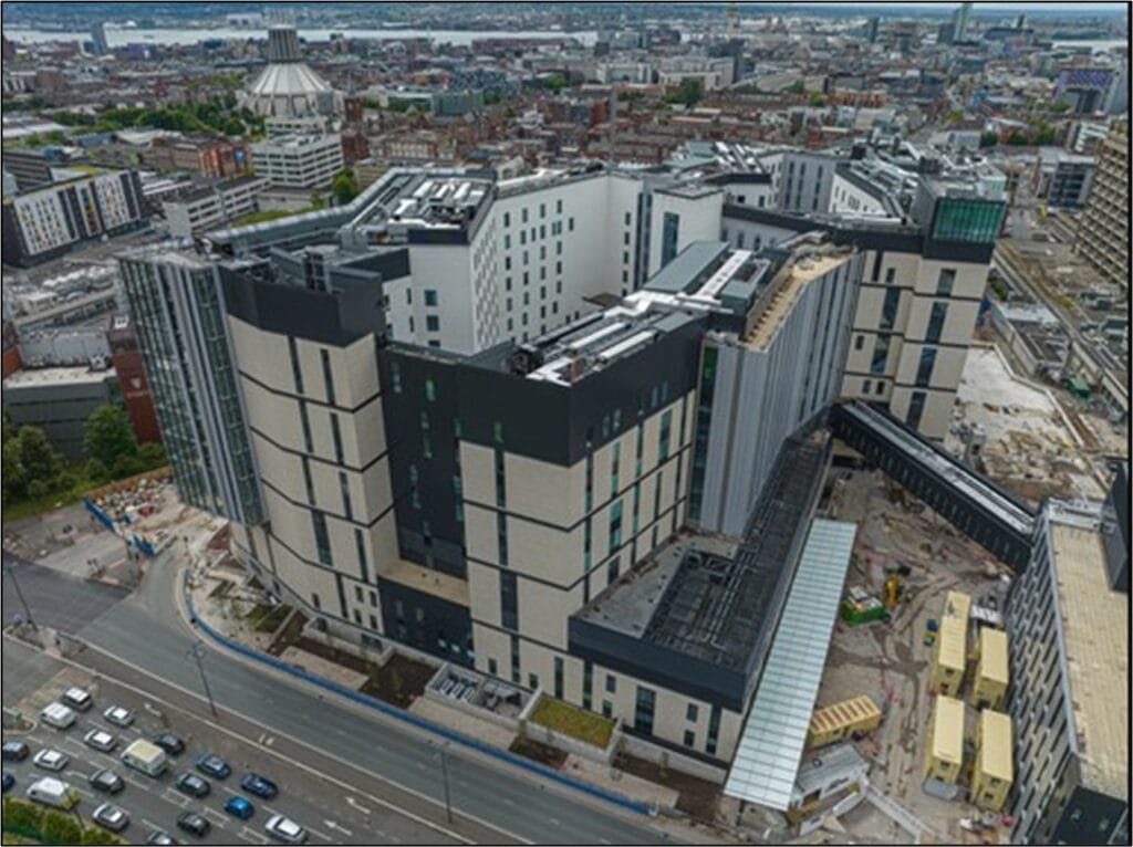A panoramic view of the Royal Liverpool University Hospital on an overcast day.