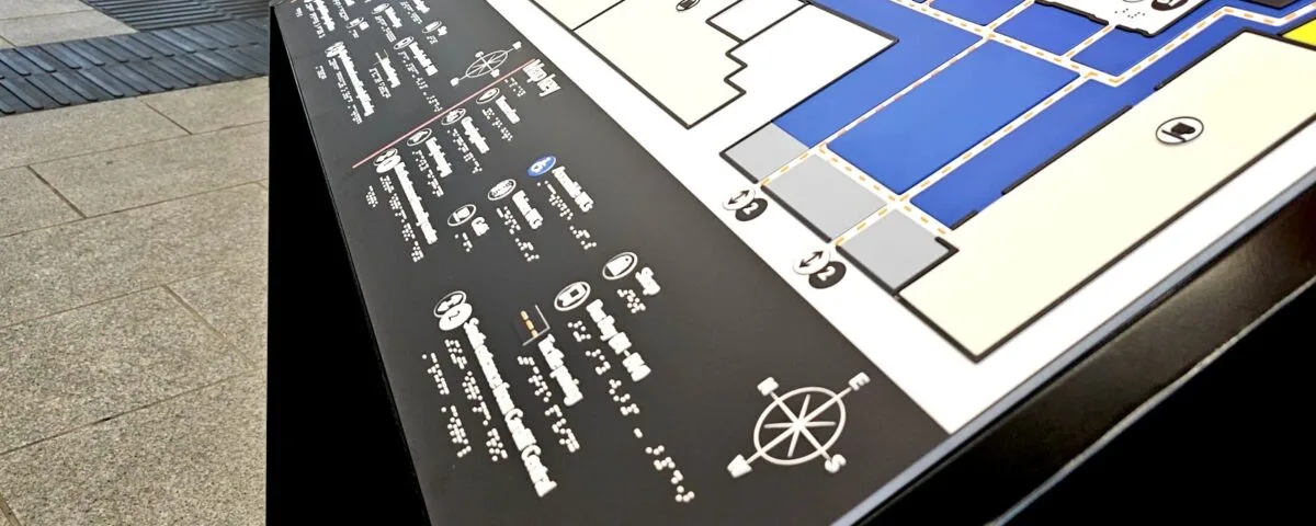 WhatsApp Image 2024-08-16 at 13.54.53 A Direct Access tactile map board at the entrance of the Cardiff Bus Interchange.