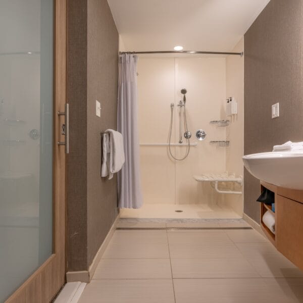 A fully wheelchair accessible hotel bathroom with a shower, pull-down seating, lowered hand wash basin and a flush threshold.