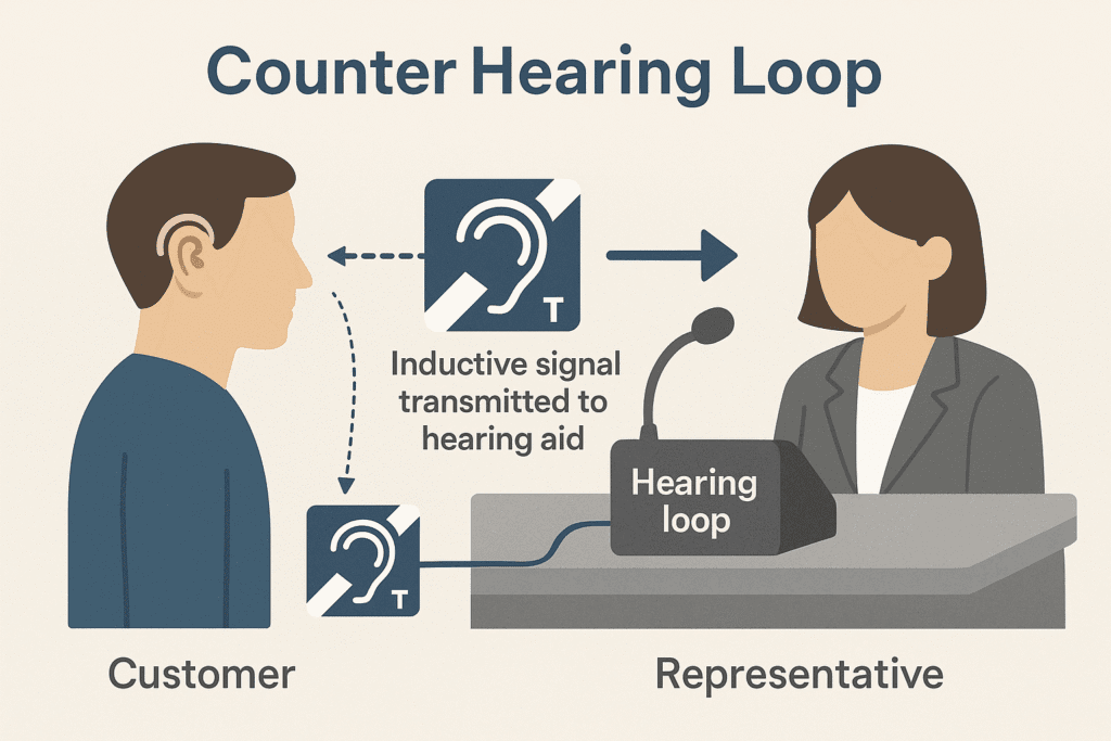 A graphic demonstrating how to use Counter Hearing loops with a female desk clerk and a deaf male customer with a hearing aid. A loop on the representative's desk transmits an inductive signal to the male customer's hearing aid.