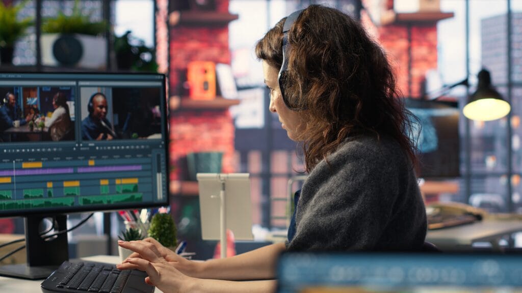 A white, middle aged female video editor working within a post-production studio on a video project. She is wearing headphones and typing at her desk. She has brown curly hair and is wearing a grey sweater.