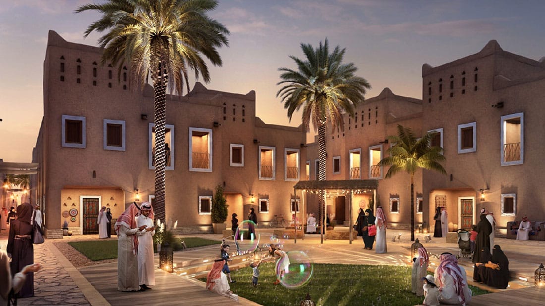 A concept photo of Diriyah Gate Offices & Kindergarten showing people socialising outside and children playing.