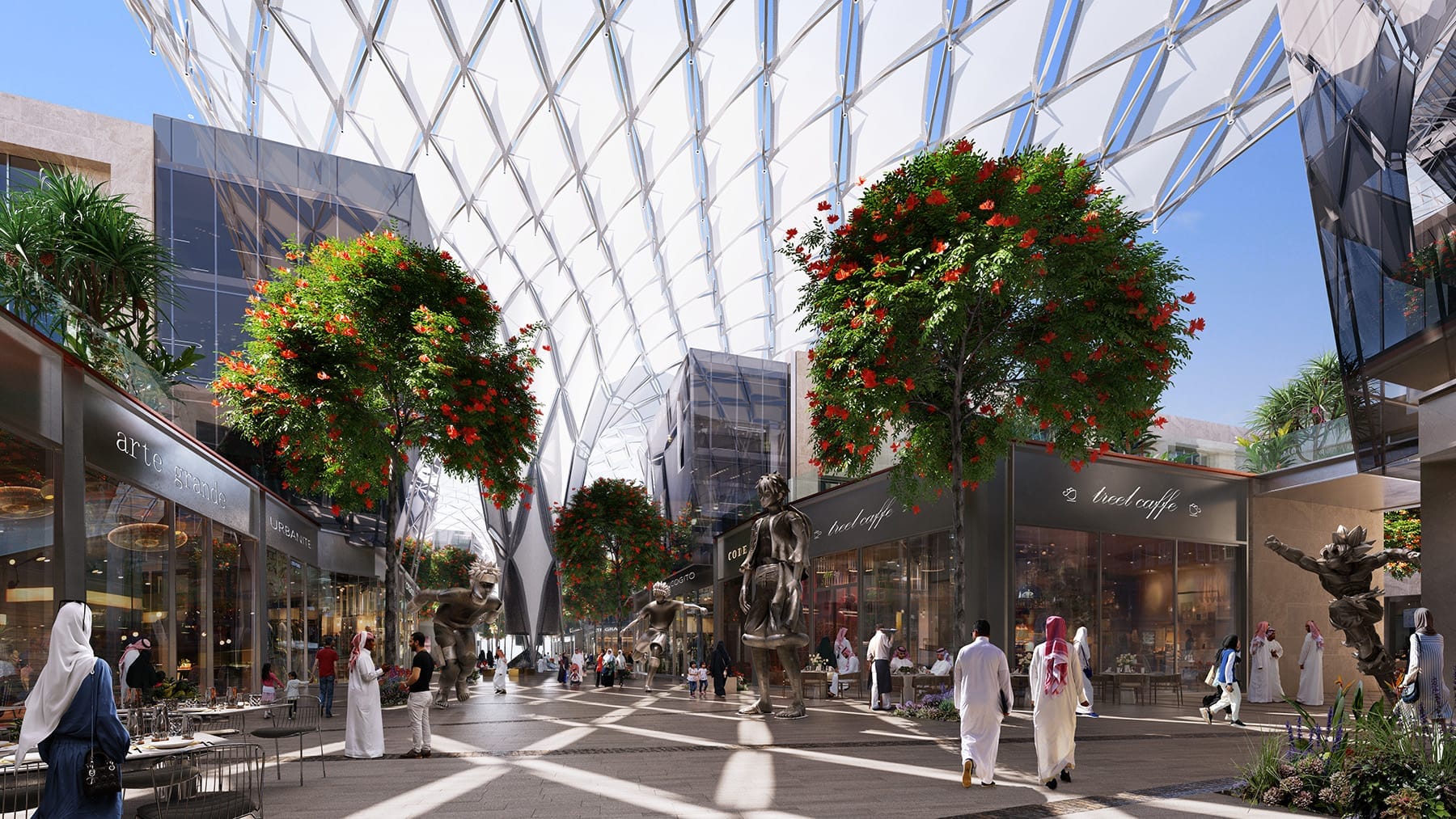 A proof of concept photo of the Al Mishraq, non-profit city with shops, cafes, and restaurants.