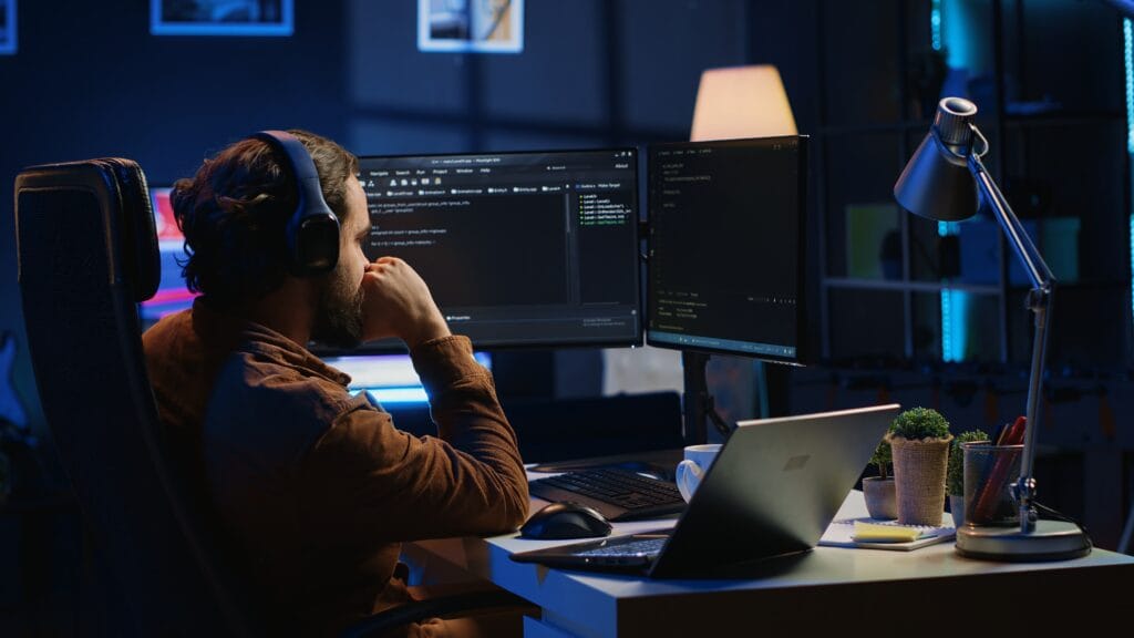 The image shows a man working at a desk in a dimly lit room, likely during the evening or night. He is seated in an office chair, wearing headphones, and appears focused as he looks at two computer monitors in front of him. His hand is resting near his mouth in a thoughtful pose. The screens display lines of code, suggesting he is programming or working on software development. The workspace includes a laptop placed in front of the monitors, a keyboard, a mouse, and a desk lamp casting warm light onto the desk. There are also small decorative items, such as a potted plant and stationery holders. The overall atmosphere is calm and concentrated, with cool blue ambient lighting contrasting against the warm glow of the desk lamp, creating a modern and slightly moody work environment.