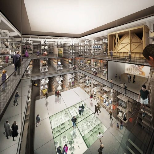 Internal-render-research-centre A proof of concept photo of the internal research centre at V and A East- A three floor section with pathways around the sides that lead to various open plan rooms with museum artefacts and exhibits. People explore and examine the artwork on display on all three floors.