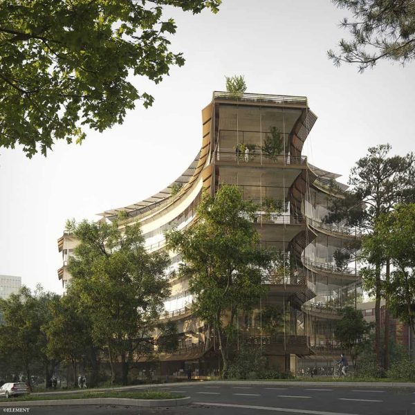 iom_view_01_G8A_LOCALARCHITECTURE_web A proof of concept photograph of the new United Nations centre for migration in Geneva seen from across the road. A modern four story building with tall glass windows allowing people outside to see inside surrounded by greenery. A man on a bicycle passes by outside.