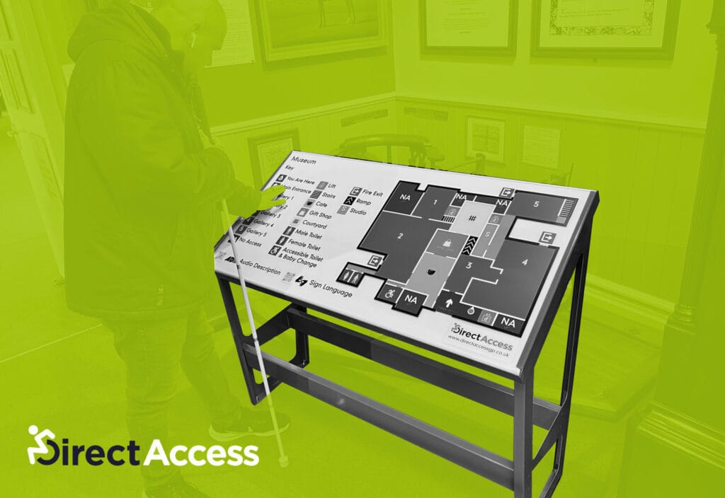 A monochrome image of a Tactile Braille Map Board displaying a museum map and its corresponding key, featuring QR codes and accompanying text which reads "audio description" and "sign language". The Direct Access logo is displayed in the corner.