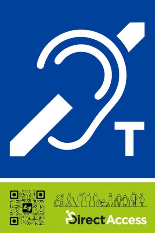 A blue counter induction loop sign with a green footer featuring the Direct Access logo and a QR code link.
