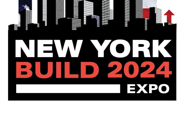 A flyer for the New York Build Expo 2024 featuring a black and white image of a New York skyline and the event's location (Javits Center) and dates (February 13-14).