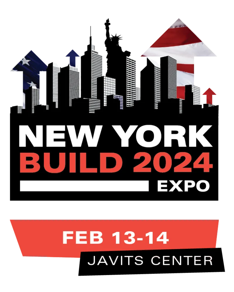 A flyer for the New York Build Expo 2024 featuring a black and white image of a New York skyline and the event's location (Javits Center) and dates (February 13-14).