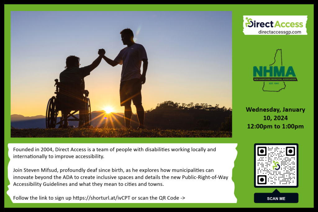A graphic featuring the image of a man shaking hands with a male friend. Text underneath the graphic reads; Founded in 2004, Direct Access is a team of people with disabilities working locally and internationally to improve accessibility.