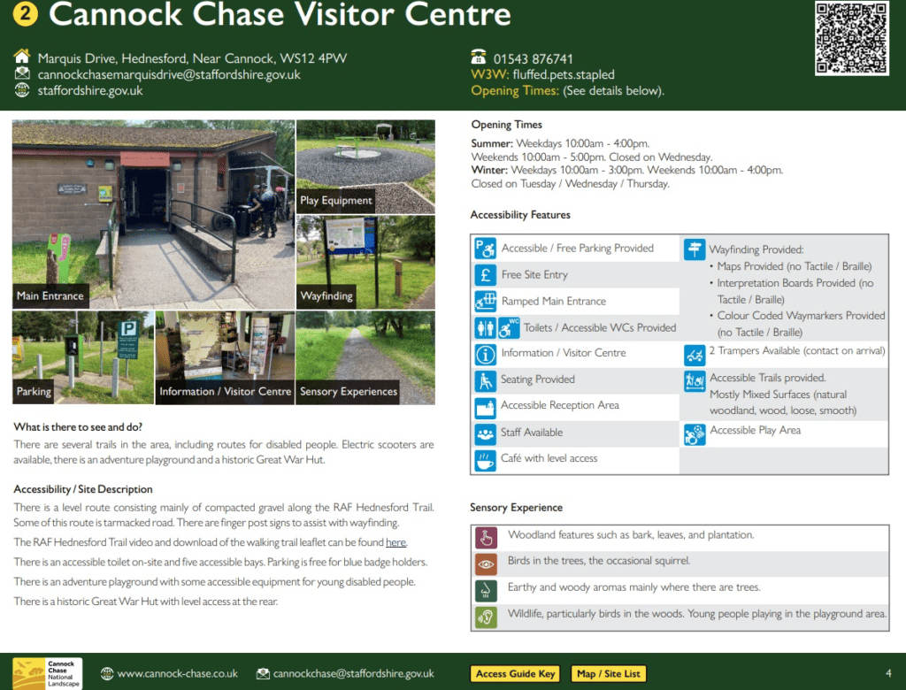 An example of an Accessibility Guide developed for Cannock Chase featuring images of the site, information about what to see and do, an accessibility/site description, and symbols representing different accessibility features including level access, sloped routes, information/visitor centres, wayfinding provision, and more.