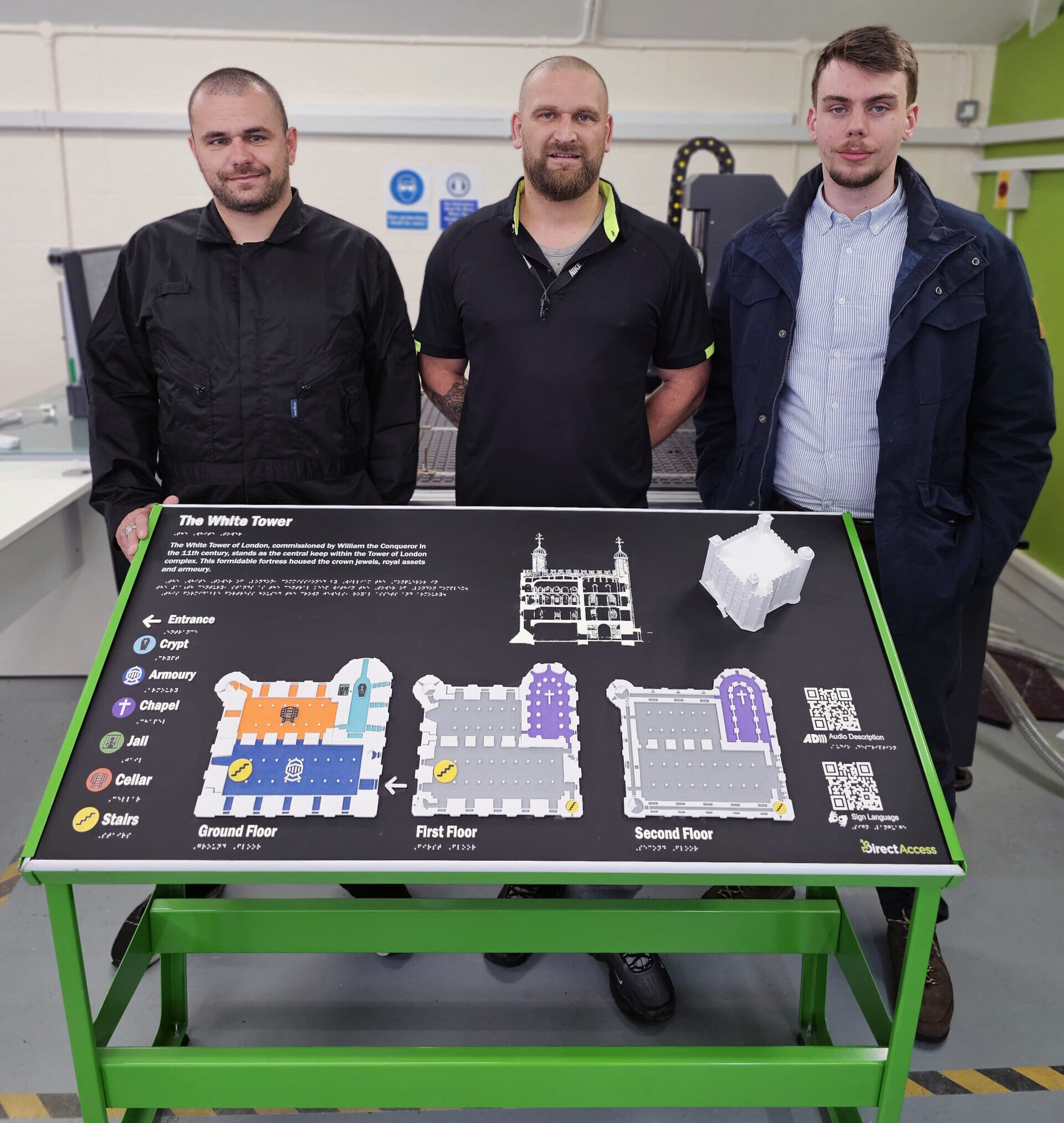 A photo of three members of the Direct Access accessibility media team, three Caucasian men wearing work overalls in front of a photograph of a Direct Access Tactile Map Board within a warehouse.